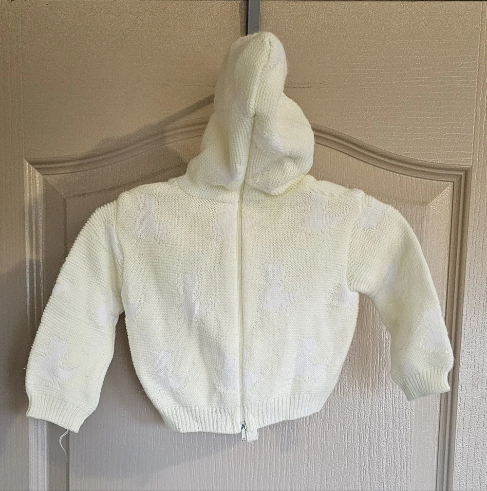 Vintage BabyCrest Knitted Duck Outfit Full Zip Sweater And Footed Pants 3-6mos
